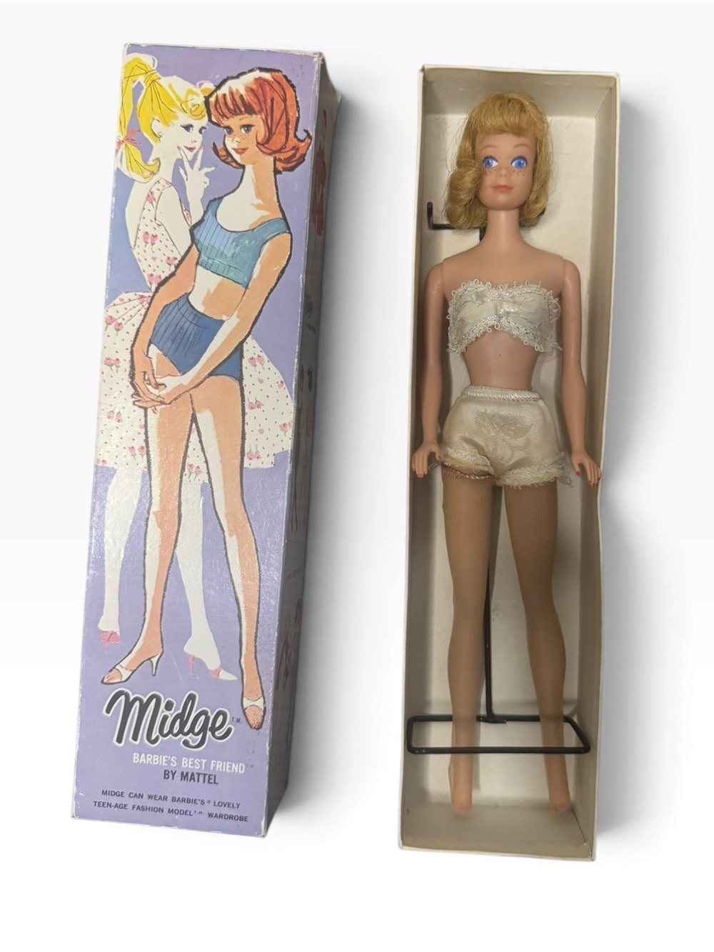 Vintage 1962 Mattel Midge Doll Blonde Flip No. 860 Original Box Insert Stand